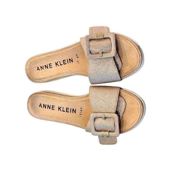 Anne Klein Iflex AKShanna Gold Metallic Buckle Slide Sandals Size 6.5M GUC - Picture 1 of 8